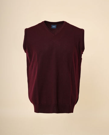 Camisola Decote em V Sem Mangas 100% Lã Merino em Bordeaux Escuro